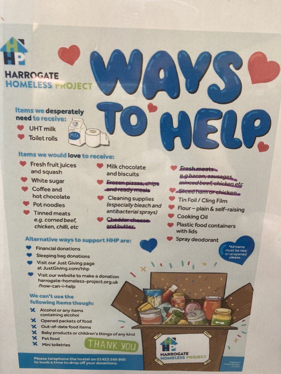 Bigbites1's tweet photo. We are collecting for the homeless , any donations can be left here , these are the items they require . Thank you @harrogatehomless https://t.co/ZTFNYJbv7D
