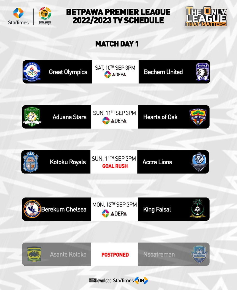 𝗕𝗘𝗧𝗣𝗔𝗪𝗔 𝗣𝗥𝗘𝗠𝗜𝗘𝗥 𝗟𝗘𝗔𝗚𝗨𝗘 𝗠𝗗𝟭 

Catch the games live on ST Adepa Ch. 247 &amp; StarTimes ON App 📲bit.ly/2NVV3vn

#BPL #StarTimes #BringBackTheLove #Ghana #GPLonStarTimes #BPLwk1