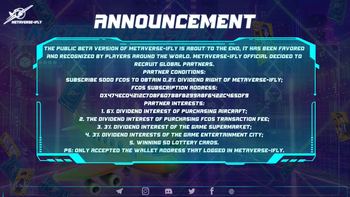 Iflymeta's tweet photo. 📢📢📢📢BIG NEWS📢📢📢📢
Metaverse-IFLY official decided to recruit global partners.
Partner Conditions:
Subscribe 5000 FCOS to obtain 0.2% dividend right of Metaverse-IFLY;
FCOS subscription address: 
0x474ecd4212c7dbf6d788fb299a8f6422c465df9
Follow @Iflymeta get your code. https://t.co/sAh0HyU94H