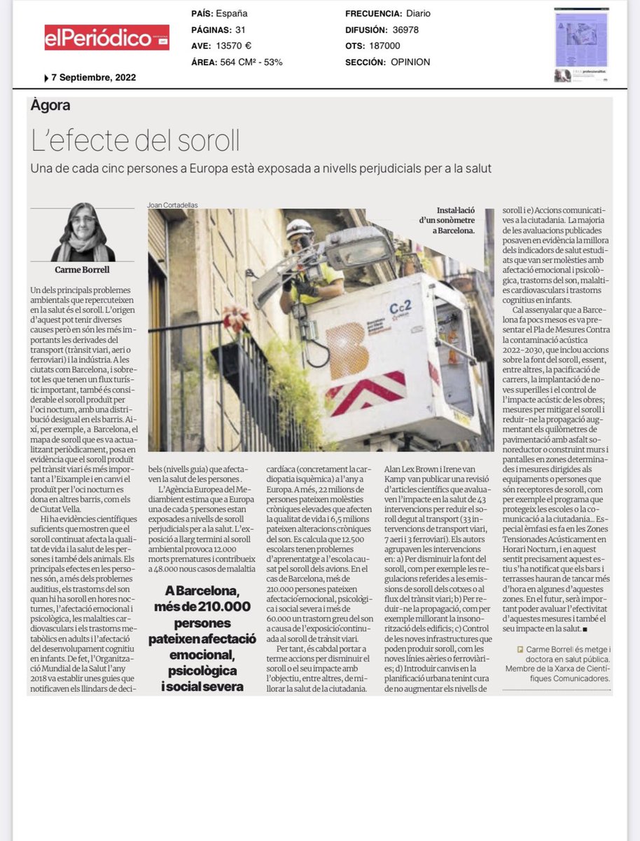 En aquest article explico com el soroll afecta la salut i també les actuacions fetes a Barcelona: elperiodico.cat/ca/entre-tots/…
