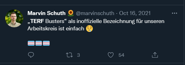 _CallMeNemo_'s tweet photo. Marvin Schuth, Vorstandsmitglied der Grünen in Köln und Kandidat für die Landtagswahl,
ist ganz stolz auf den frauenverachtenden Namen seines AKs.
"Terfs" sind Frauen, die für ihre Rechte einstehen. Sie "zerstören" zu wollen, überschreitet klar jede #RoteLinie https://t.co/8SpHbBGuMP