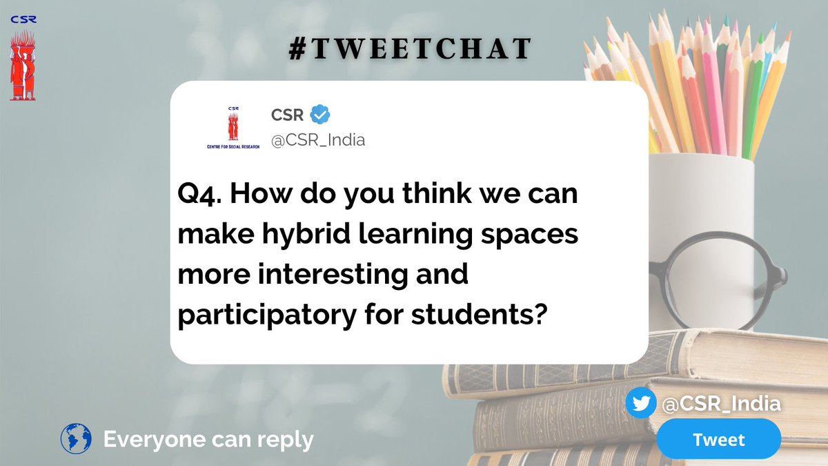 CSR_India's tweet photo. Q4. How do you think we can make hybrid learning spaces more interesting and participatory for students?

#CSR_India #Literacy #LearningSpaces #InternationalLiteracyDay2022 https://t.co/4u4lJPKrK2