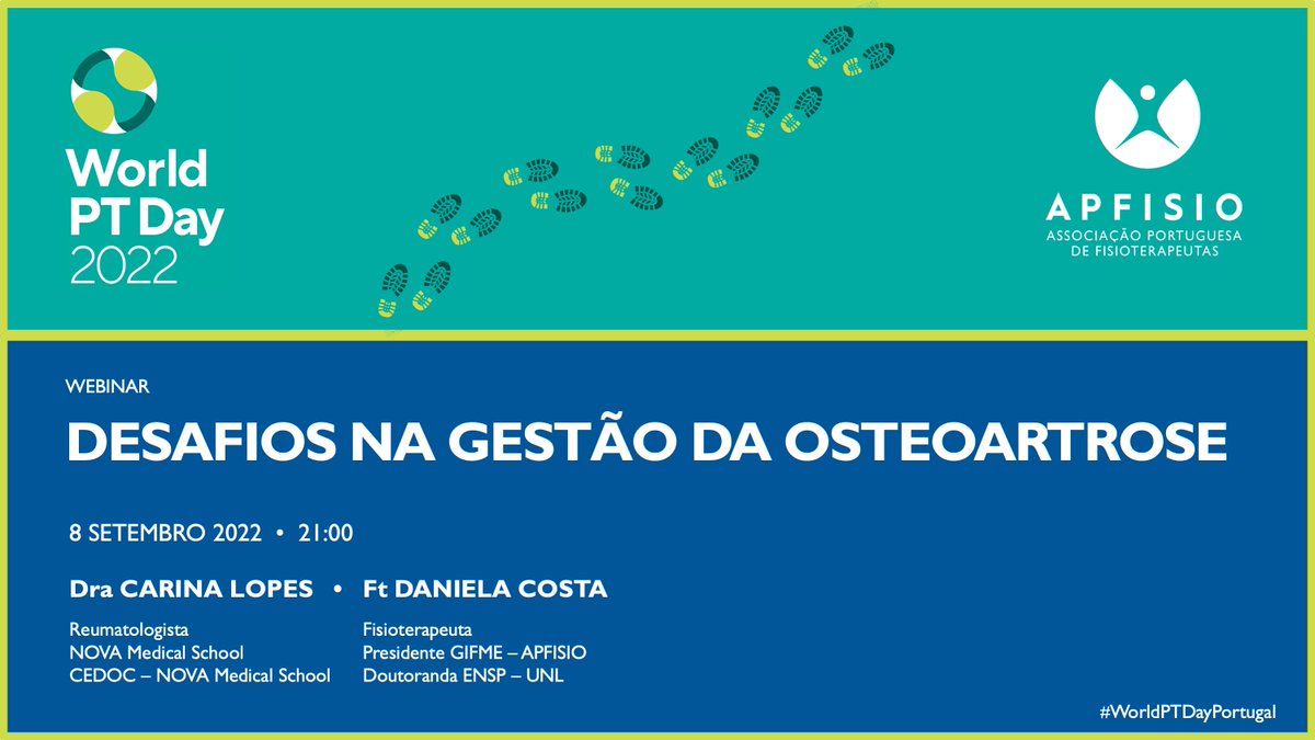 apfisio's tweet photo. 📣WEBINAR #APFISIO | "Desafios na Gestão da #Osteoartrose"
🗓8 Setembro 2022
⏰21:00
🗣Dra Carina Lopes | Ft @DcostaFt
👉GRATUITO
📎https://t.co/gPWYeiYtHs
‼️CONCURSO @APFISIO: https://t.co/Xkrcg14Sow
#fisioterapia #WorldPTDay #WorldPTDayPortugal #DiaMundialdaFisioterapia https://t.co/urREuZQUQb