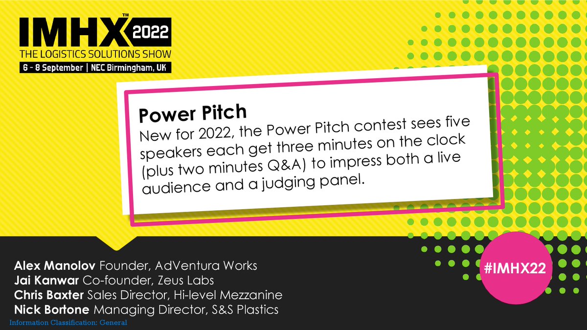 Join us today for our final Power Pitch session from 12:00am to 12:30am in the Solution Theatre. 

See how five speakers get three minutes on the clock to impress both a live audience and a judging panel of industry experts, followed by two minutes for questions. 

#IMHX22
