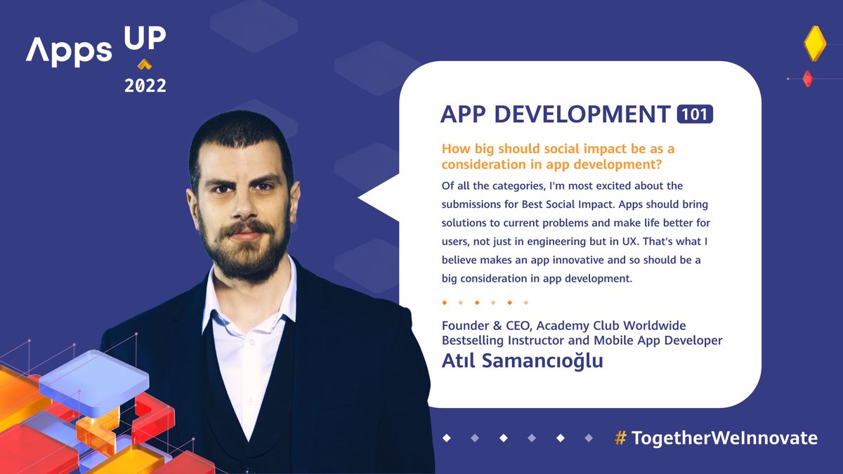For Atıl Samancıoğlu, European judge for the Apps UP 2022, social impact is a vital consideration in utilizing innovation toward making users' lives better.

Find out more about #AppsUP2022 here! 
fal.cn/3rHrx

#TogetherWeInnovate #HuaweiDevelopers