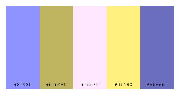 ColPaletteBot's tweet photo. Beep beep, here's a pretty color palette for you!
color-scheme.js parameters used:
- hue: 103
- variation: light
- colors: #8f93ff, #bfb460, #fee6ff, #fff180, #6b6ebf
Have a lovely day!
#twitterbot #colorpalette #colors #palette #prettycolors https://t.co/846RzcJty3