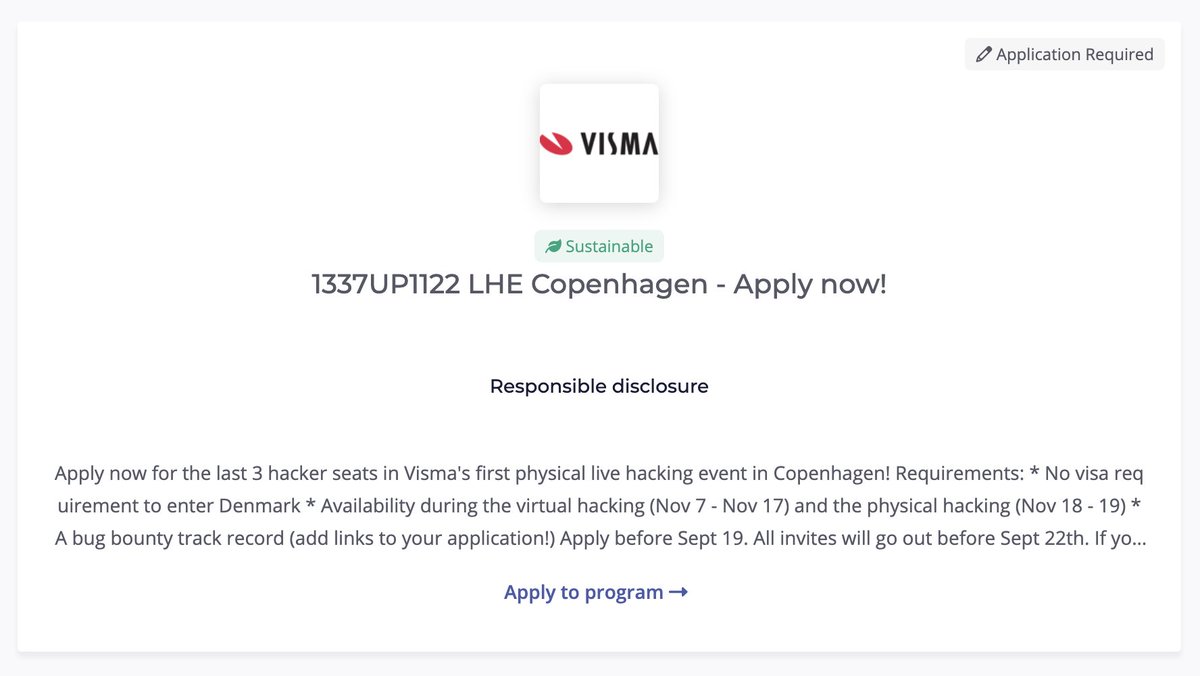 intigriti's tweet photo. Grab your chance to participate in @visma's first physical live hacking event! 
👉 Anyone can apply for the last 3 seats
👉 Apply before Sept 19 &amp; check the eligibility criteria
👉 If you're new to Intigriti, make sure to link your track record
👇👇👇
https://t.co/t3bNzGrzZc https://t.co/hLToHFd33v