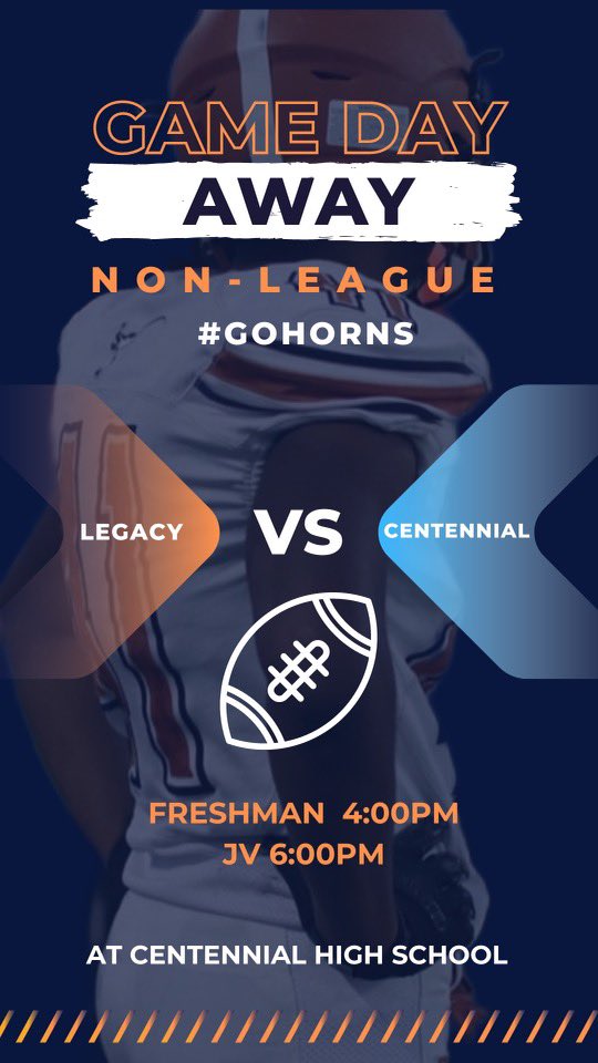 LegacyHornsFB's tweet photo. Game Day!! Freshman and JV travel up the 215 to take on Centennial!! Come out and support our Longhorns #HornsUp https://t.co/VrDJ9t73gv