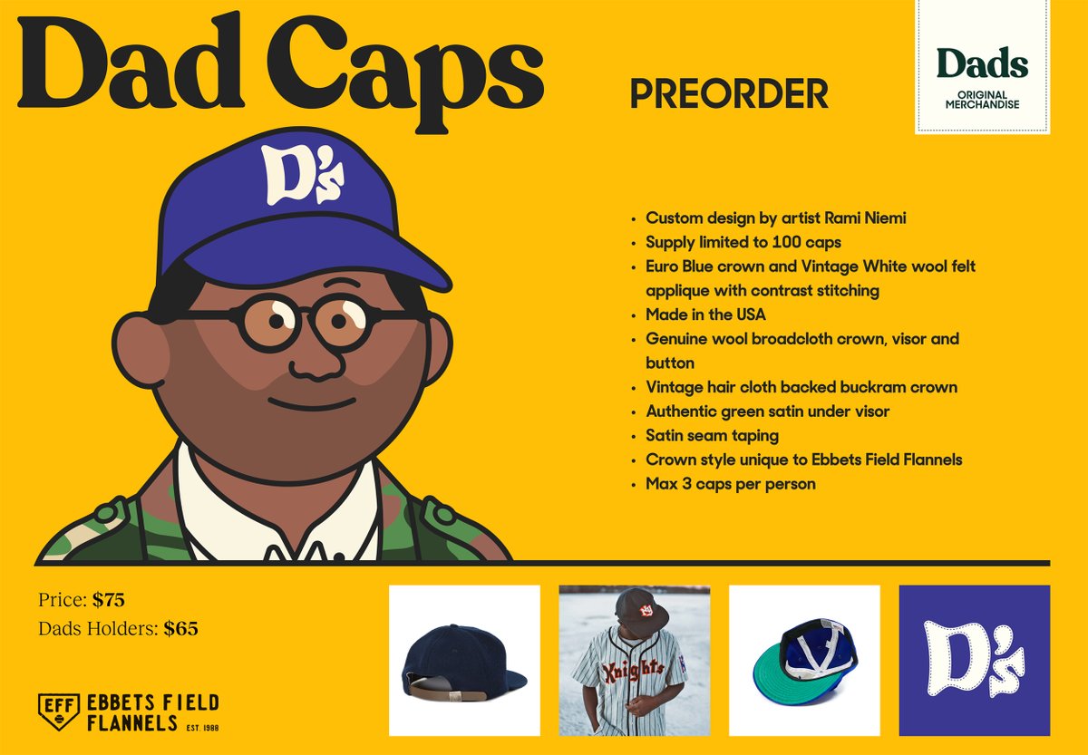 DadnessNFT's tweet photo. MERCH ALERT 🔥 We're taking preorders for Dad Caps soon. Here are some technical specs to drool over. Supply is limited. Dads holders get first dibs + discount. Custom-made by our pals at @EbbetsVintage, these caps are built to last a lifetime. 🧢 https://t.co/zAB1qSbjeL