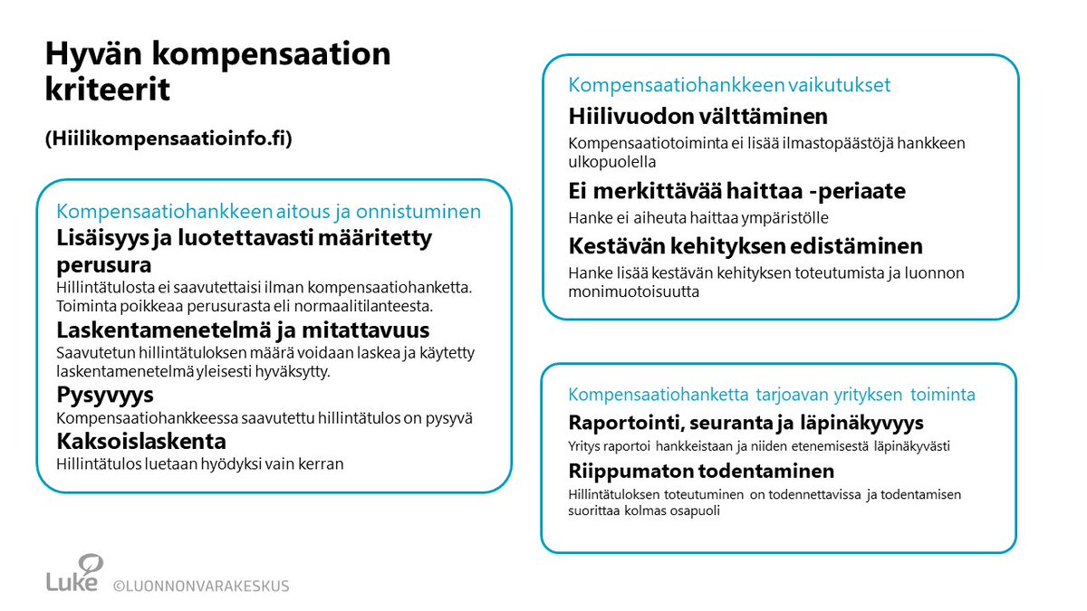 LukeFinland's tweet photo. Metsät #hiilikompensaatio’ssa -webinaarissa @EmmiHilasvuori: Hyvän kompensaation kriteerit auttavat arvioimaan, onko hiilikompensaatiohankkeessa tehtyjen toimenpiteiden myötä syntynyt päästövähennys todellinen, ja onko #kompensaatio laadukasta #Kompensaatiollahiilineutraaliksi https://t.co/Why32RXvv8