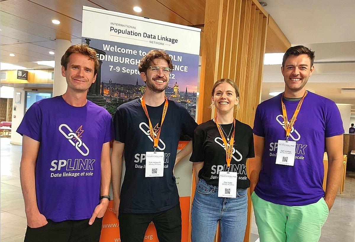 SamNLindsay's tweet photo. Some of the MoJ data linking team enjoying the International Population Data Linkage Network conference in Edinburgh, ready to talk about Splink to anyone who will listen!

#IPDLN2022 https://t.co/gOOyF3QpHn
