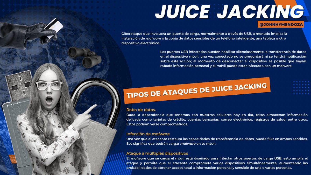 JonnhyMendoza's tweet photo. 💡 Ciberataque que involucra un puerto de carga, normalmente a través de USB, a menudo implica la instalación de malware o la copia de datos  de un teléfono inteligente, una tableta u otro dispositivo electrónico. https://t.co/6GSnvbNRZS