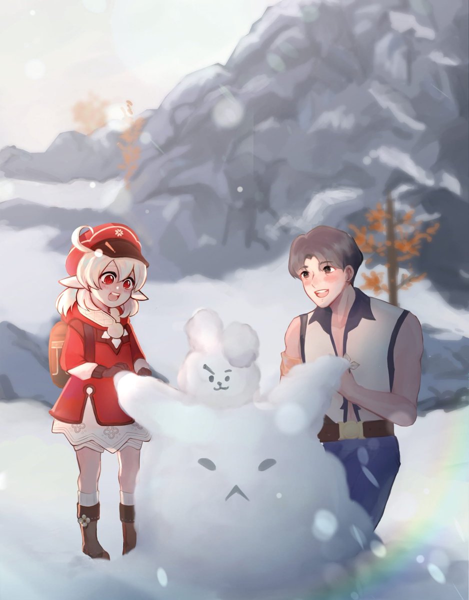 here is a piece i did for #bts x #GenshinImpact zine last year! klee and jungkook happily make snowman of dodoco and #bt21 cooky~

they're still open for leftover sales btw ^^👉<a href="/BTSGenshin/">Mikrokosmos Approaches: SHIPPING</a> 

#방탄소년단 #btsfanart 
#原神 #원시 #genshinfanart