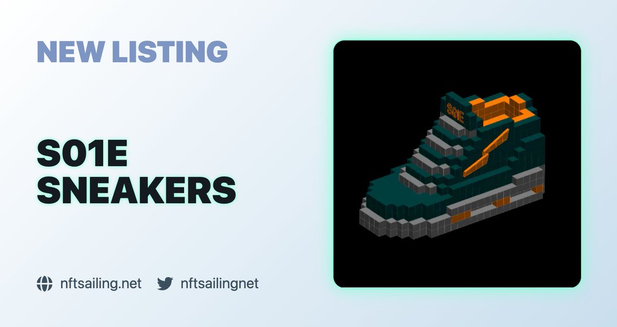 nftsailingnet's tweet photo. New listing: S01E Sneakers

➡️ https://t.co/gG5z8ukKnE

S01E is a collection of 1111 3D Sneakers on Cardano. Free mint.

Public mint on September 10th.

@s01eNFT #Cardano #CNFT #NFT #NFTdrop https://t.co/mD1x1IqdfO