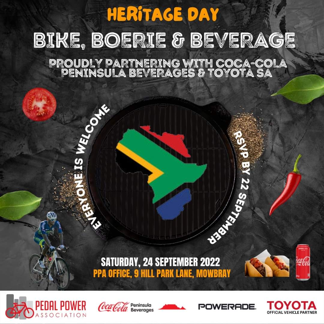 Bike, Boerie & Beverage Day in celebration of Heritage Day, proudly partnering with Coca-Cola Peninsula Beverages & Toyota SA.

More information: facebook.com/26787331661392…

#PedalPowerAssociation #Cycling #Heritage #BraaiDay #HeritageDay #CCPB #CCPBevents #LeadTheWay