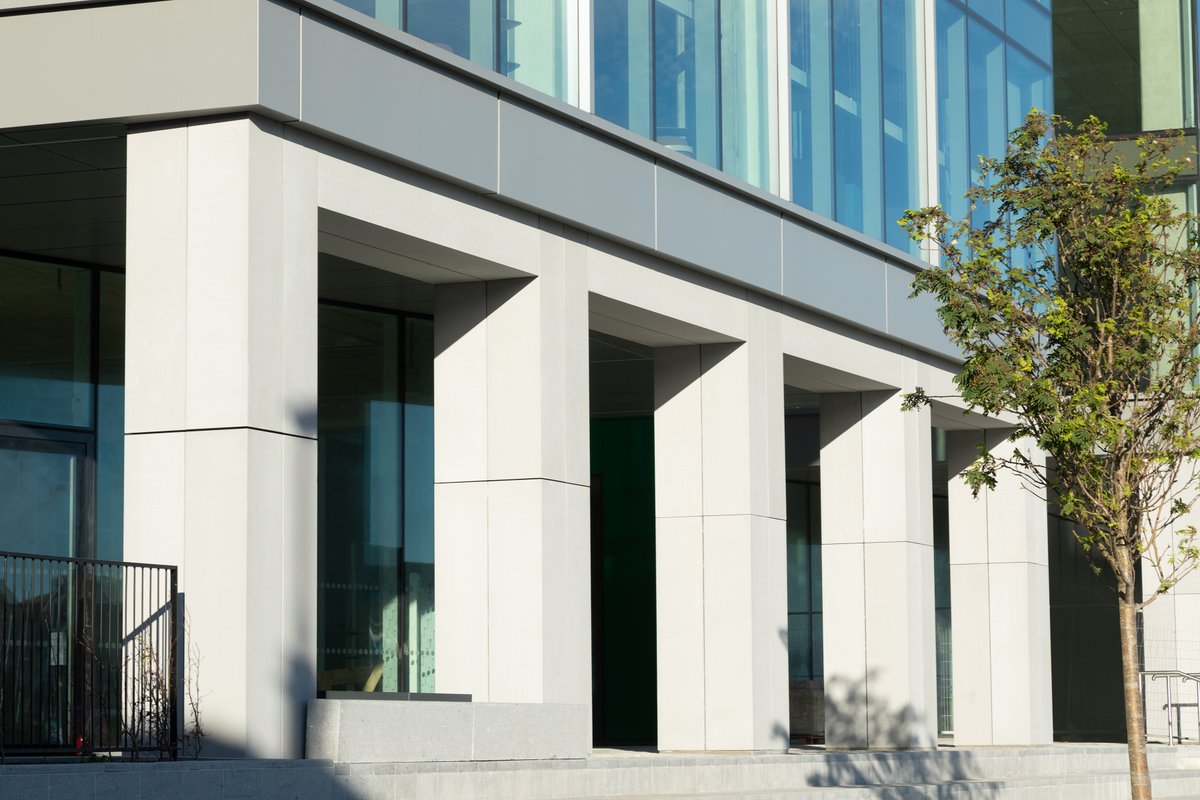 Bonham Quay's entrance looks fantastic with columns made from our GFRC concrete panels. Lightweight, able to be hung on a secret fix system without the building being engineered to support that weight; read more on our blog: tinyurl.com/aamdft6f