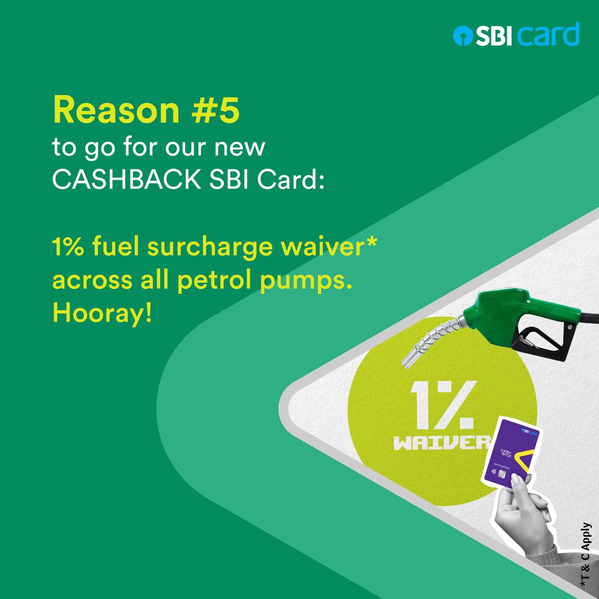 SBICard_Connect's tweet photo. Every benefit you can think of, we’ve got it covered. The new #CASHBACKSBICard offers 1% fuel surcharge waiver* across all petrol pumps.

And the cherry on top is 5% Cashback on every online spend*.

Apply now: https://t.co/jZZo5eqBlI

*T&amp;C Apply

#SBICard #CashbackHarBaar https://t.co/lUjwJjsOU5