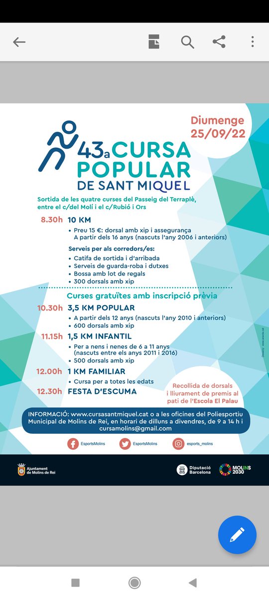 Us animem a apuntar-vos a la cursa de Sant Miquel 👉 cursasantmiquel.cat
<a href="/esports_molins/">EsportsMolins</a> 
<a href="/EsportsViu/">Viu Molins Esports</a>