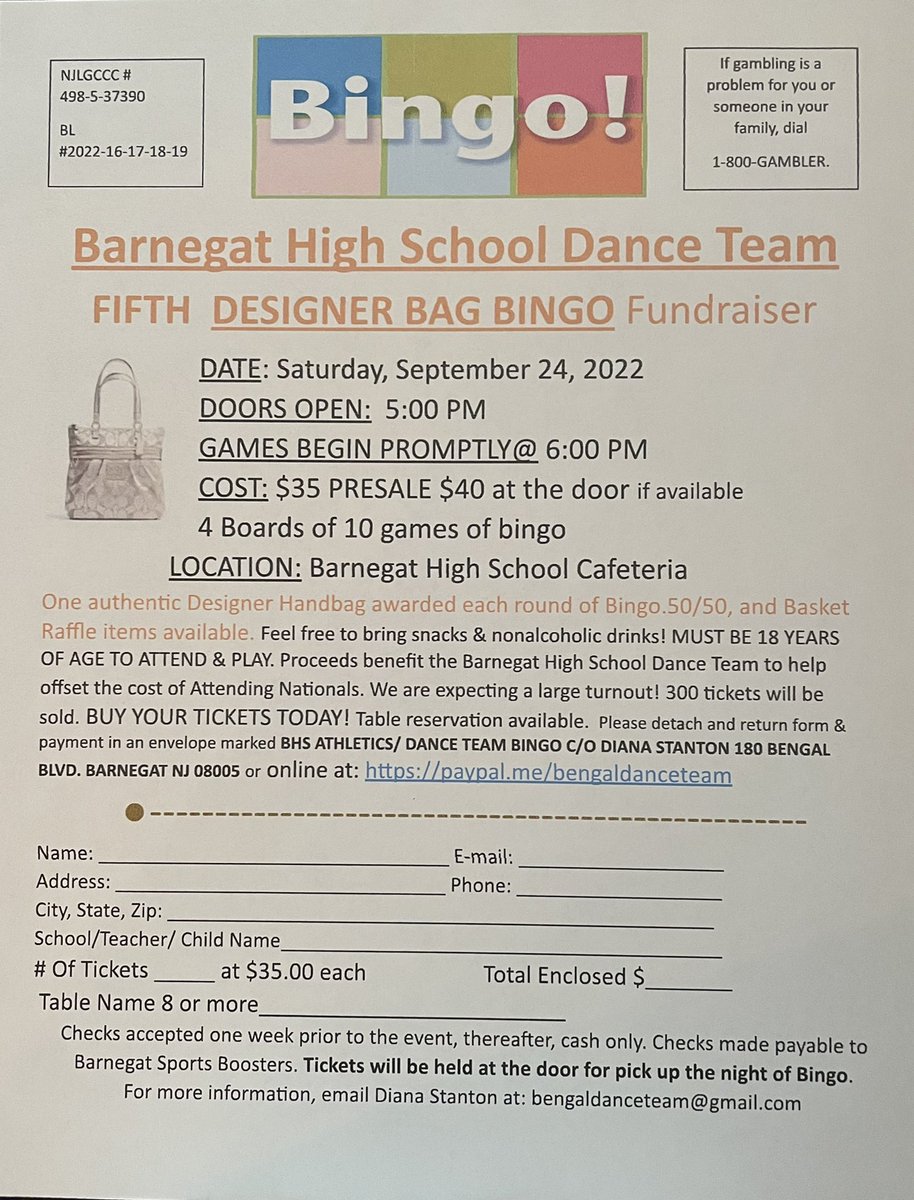 BUY YOUR TICKETS TODAY! Barnegat HS Dance Teams 5th  Designer Bag Bingo 👜 Saturday September 24  5:00 doors open 6:00 first Bingo     Tickets are $35 PRESALE and $40 at the door . See flyer for more info . bengaldanceteam@gmail.com