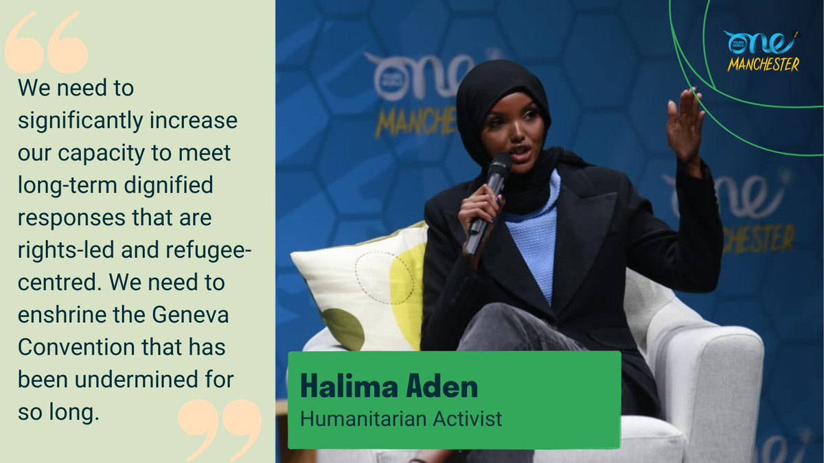 OneYoungWorld's tweet photo. "In 2022, for the first time, the number of globally displaced people reached over 100 million. This is over 180 Manchester-sized cities. 

The scope of human suffering at this scale is almost unimaginable."  

Halima Aden, Humanitarian Activist #OYW2022 https://t.co/hOPMQVbnjX