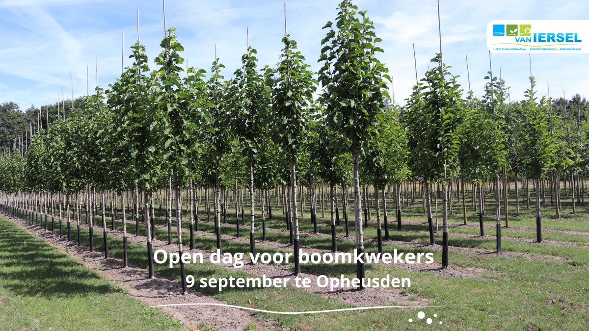 Vrijdag 9 september zijn wij aanwezig op de open dag voor boomkwekers bij Tree Valley Business Centre te Opheusden.
Tussen 13.30u-19.00u kunt u bij onze stand terecht voor uitleg van onze Bodem Balans Analyses, advies over bodemverbetering en gebruik van onze Vigro producten.