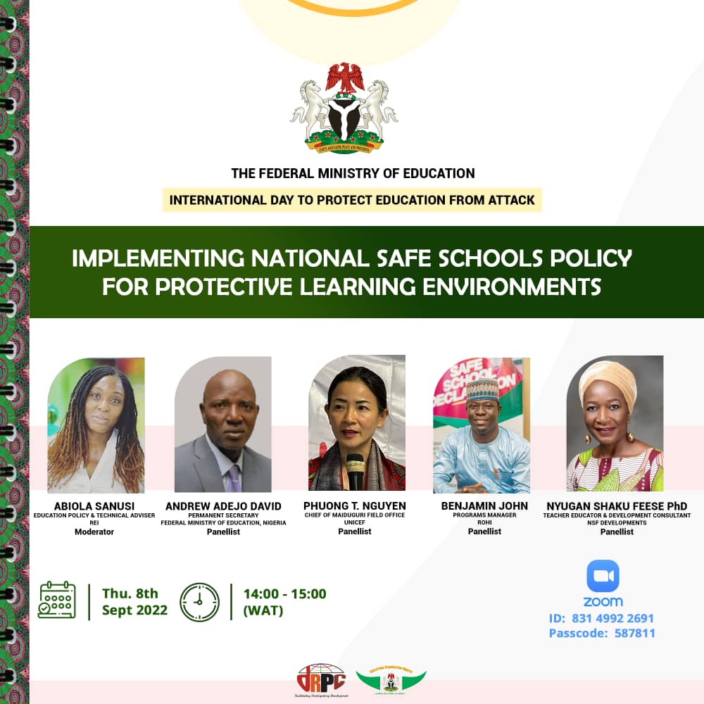 As part of activities to mark the International day to Protect Education From Attack, <a href="/NigEducation/">Federal Ministry of Education</a> is inviting you to a webinar.
Topic: Implementing National Safe Schools Policy for Protective Learning Environments
Time: Sep 8, 2022, 02:00 PM WAT
us02web.zoom.us/j/83149922691?…