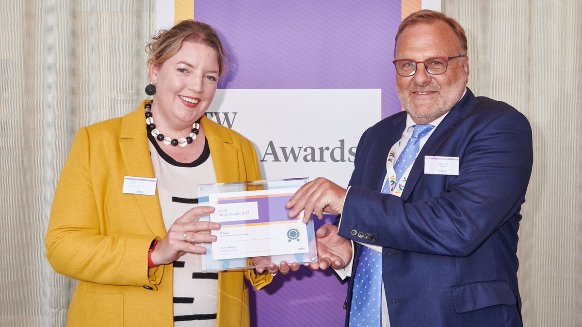 Claer Barrett named Pensions Journalist of the Year at WTW Media Awards on.ft.com/3QsjD0P

 <a href="/ClaerB/">Claer Barrett</a> #WTWMediaAwards
