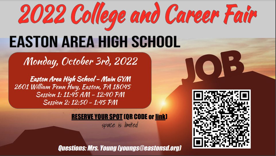 Rovernation!! 

Easton Area High School will be hosting a College and Career Fair on October 3rd. If you are interested in attending, please register by clicking the link below. 

docs.google.com/forms/d/e/1FAI…