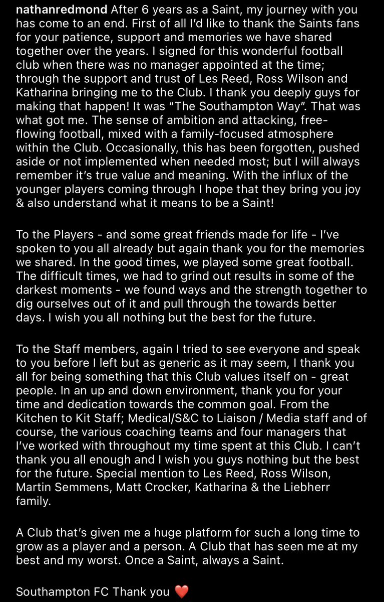 SaintsExtra's tweet photo. Image: Nathan Redmond’s farewell message via Instagram #saintsfc https://t.co/PRrFRdXoj9