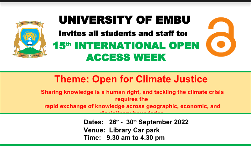 UoEmLibrary's tweet photo. George Magoha  Library  Invites all students and staff to:
15th  INTERNATIONAL OPEN ACCESS WEEK 
Dates: 26 th  - 30 th  September 2022
Venue: Library Car park
Time: 9.30 am to 4.30 pm
https://t.co/y3cY7mOq11
library@embuni.ac.ke
Welcome all https://t.co/ldCVfCuAhs