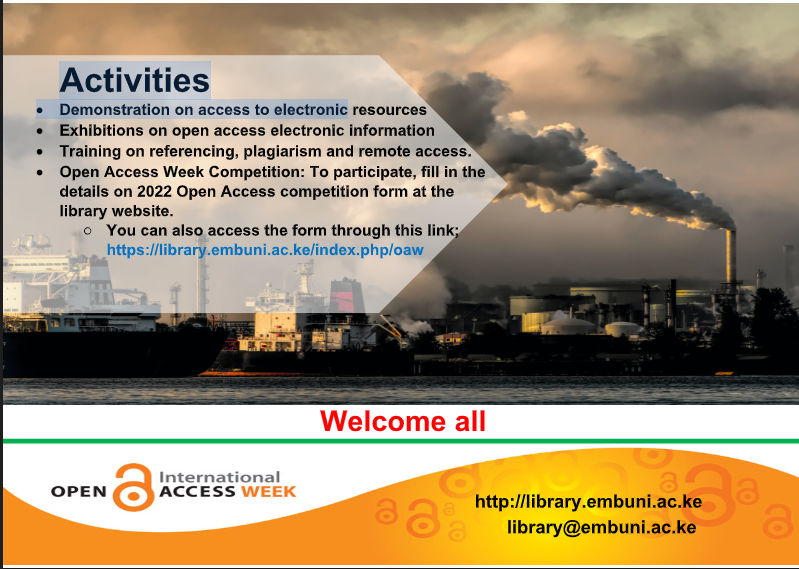 UoEmLibrary's tweet photo. George Magoha  Library  Invites all students and staff to:
15th  INTERNATIONAL OPEN ACCESS WEEK 
Dates: 26 th  - 30 th  September 2022
Venue: Library Car park
Time: 9.30 am to 4.30 pm
https://t.co/y3cY7mOq11
library@embuni.ac.ke
Welcome all https://t.co/ldCVfCuAhs