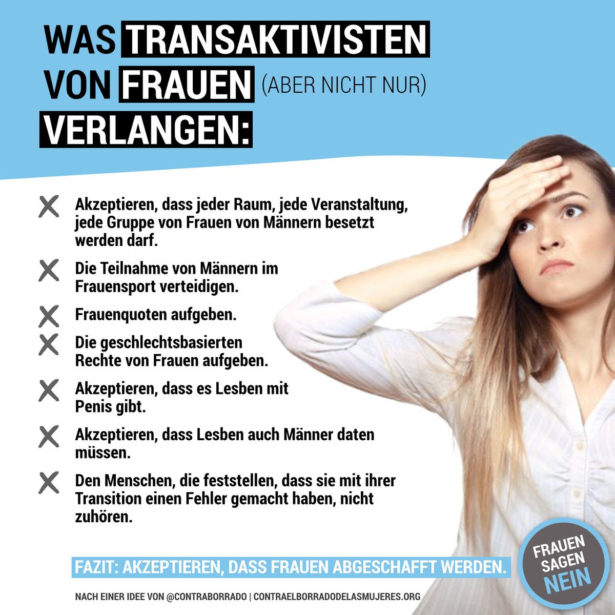 _CallMeNemo_'s tweet photo. Was Transaktivisten von Frauen verlangen, missachtet unsere Rechte und Bedürfnisse.
#FrauenSagenNein , hier ist die #RoteLinie erreicht.
Das hat mit "gleichbereichtigter gesellschaftlicher Teilhaben" nichts mehr zu tun. https://t.co/EobwsLFzrT