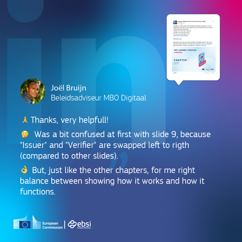 EU_EBSI's tweet photo. 💬Here are our September #EBSICommunity! @keio_dlt thanks for your comment. We are working hard to provide you useful content! Help us spread the word about #EBSI #VerifiableCredentials Explained chapters by sharing with your network😃
#EUBlockchain #DigitalEU