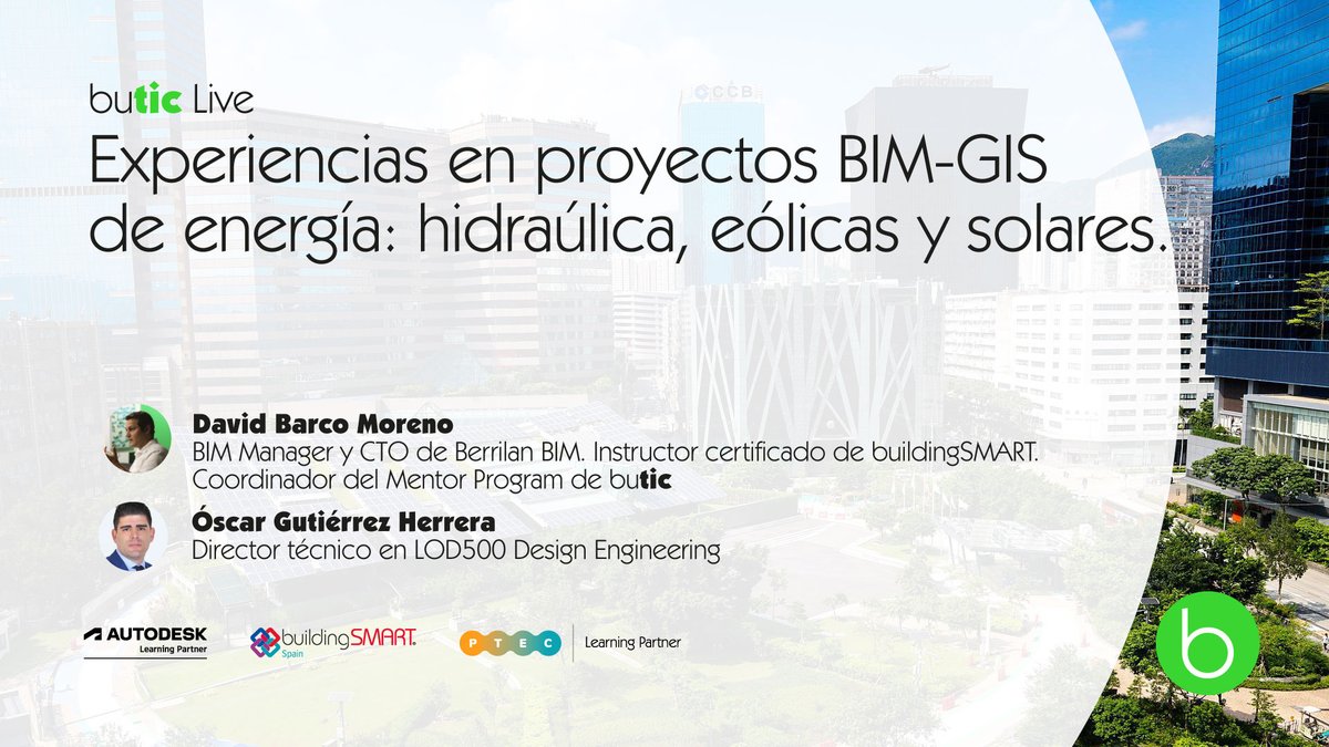 buticSchool's tweet photo. 📢😉 Se busca gente PARTICIPATIVA para el PRÓXIMO 20-09

Nuestro Digital Leader, David Barco nos hablará de cómo implantar la metodología #BIM en proyectos de #energía, cuáles son los retos o las #estrategias más apropiadas.

✒ https://t.co/KnK3wUaPS7

#BIMGIS #IngenieríaCivil https://t.co/oubv2LDr9s