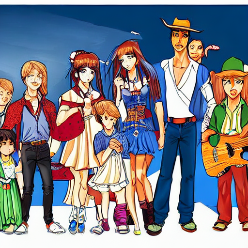 #stablediffusion 
最近流行りのAIに
「Western Family Rio in the style of manga」
という呪文で絵を描いてもらいました。

たしかにウエスタン、家族、リオ(女の子)みたいな要素が入った絵になってますね🤠
寝て起きたら漫画が完成してるような未来が早く来るといいですね～ 