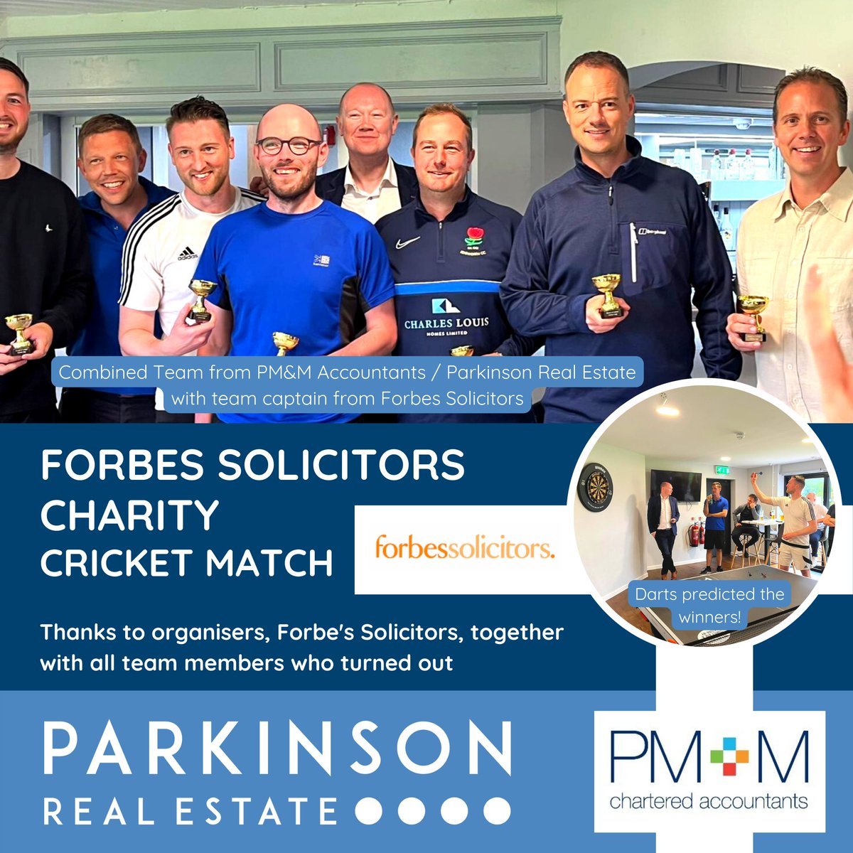 ParkinsonRE's tweet photo. Great to be invited to take part in @ForbesSolicitor Charity Cricket Match yesterday teaming up with @pmm_acc.
Wonderful event #TeamForbes with a twist on the final match by having to play a dart-off indoors due to the great British weather! 🎯
#Networking #ParkinsonRealEstate https://t.co/rLUIlltxPo