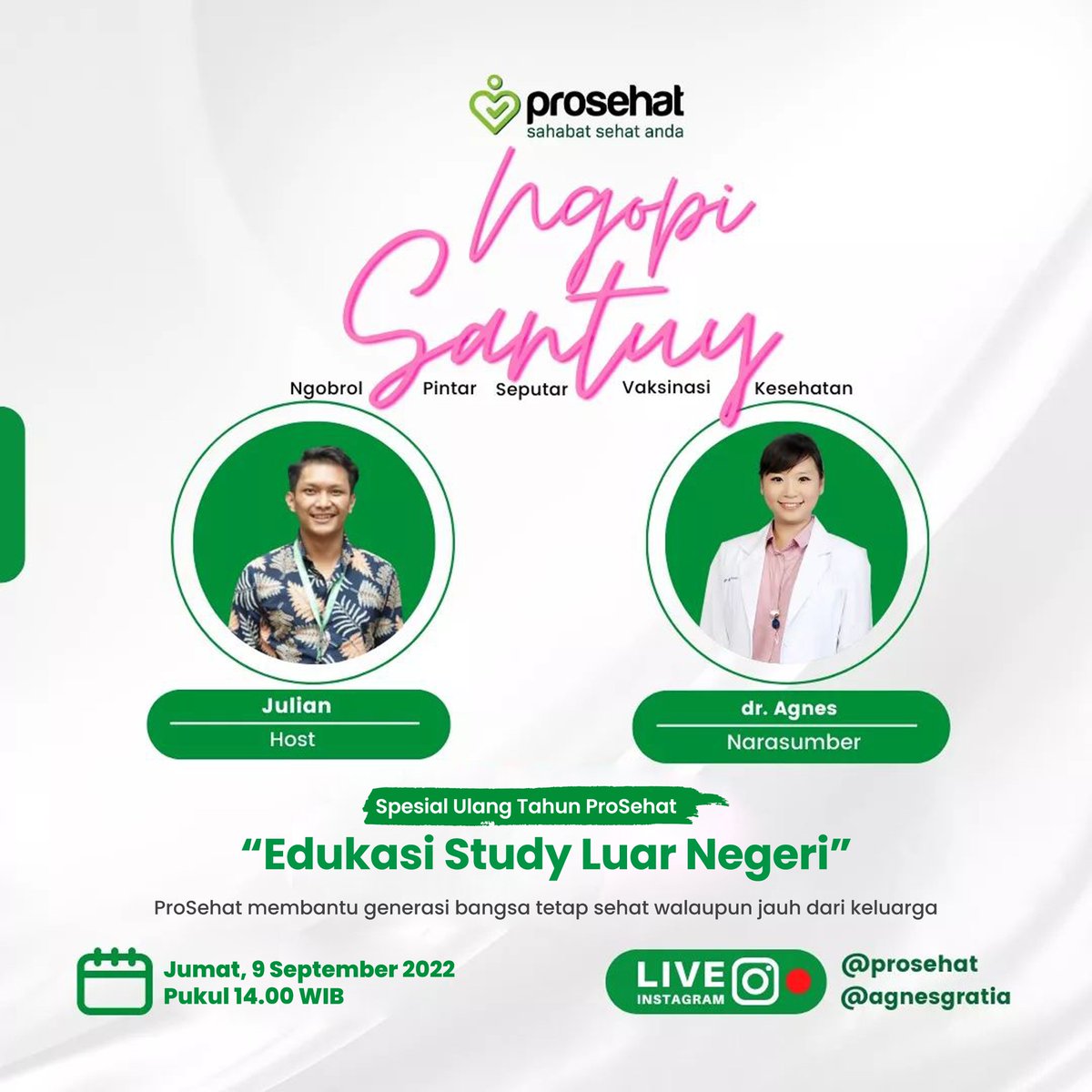 ProSehat Asisten Kesehatan 🇮🇩 (@prosehat) on Twitter photo Spesial IG Live <a href="/prosehat/">ProSehat Asisten Kesehatan 🇮🇩</a>
Jumat 9.9 “Pentingnya Vaksin untuk Study ke Luar Negeri” bersama dr. Agnes & Bang Julian
Live di IG lnkd.in/gg6VNGaC
Jumat, 9 Sep 2022
Pukul 14.00 WIB Spesial IG Live <a href="/prosehat/">ProSehat Asisten Kesehatan 🇮🇩</a>
Jumat 9.9 “Pentingnya Vaksin untuk Study ke Luar Negeri” bersama dr. Agnes & Bang Julian
Live di IG lnkd.in/gg6VNGaC
Jumat, 9 Sep 2022
Pukul 14.00 WIB