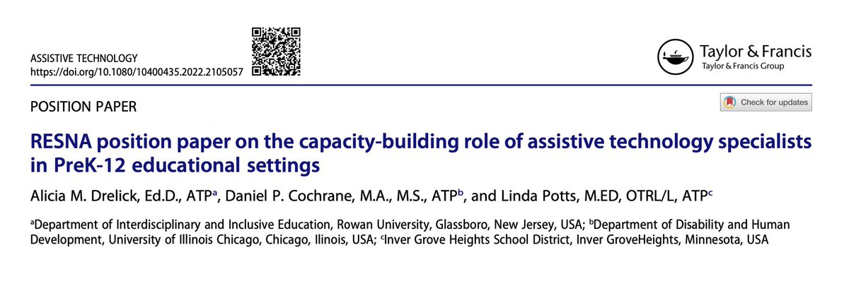 RESNAATJournal's tweet photo. #NewArticleAlert! “RESNA position paper on the capacity-building role of assistive technology specialists in PreK-12 educational settings” by @amdrelick , Daniel P. Cochrane, &amp; Linda Potts https://t.co/grGlj3ZkBY
#AssistiveTechnology https://t.co/haSJkmNzBD