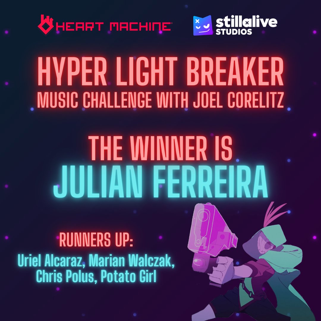 AND THE WINNER IS JULIAN FERREIRA <a href="/JulesFerdas/">Julian Ferreira da Silva</a> 

<a href="/joelcorelitz/">Joel Corelitz</a> picked his favorite entry from our Music Challenge we had going with <a href="/HeartMachineHQ/">Heart Machine Official</a>! Julian's felt the most "hyperlighty". CONGRATS!

Looking forward to more fun collabs in #gameaudio #IndieGameDev #gamedev
