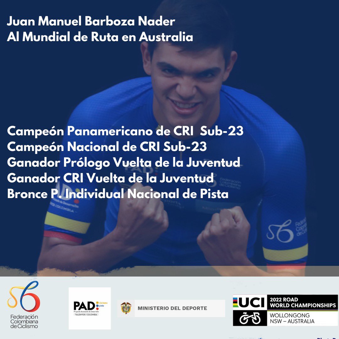¡Felicidades Capo!

El cordobés <a href="/juanm_barboza/">Juan Manuel Barboza</a> es uno de los elegidos por el seleccionador nacional de Ruta,para el Campeonato Mundial de Ruta en Australia, en la categoría Sub-23.

Juan, estará representando a la Sel. Colombia Andina en esta cita orbital.

¡Orgullo #PADPista !