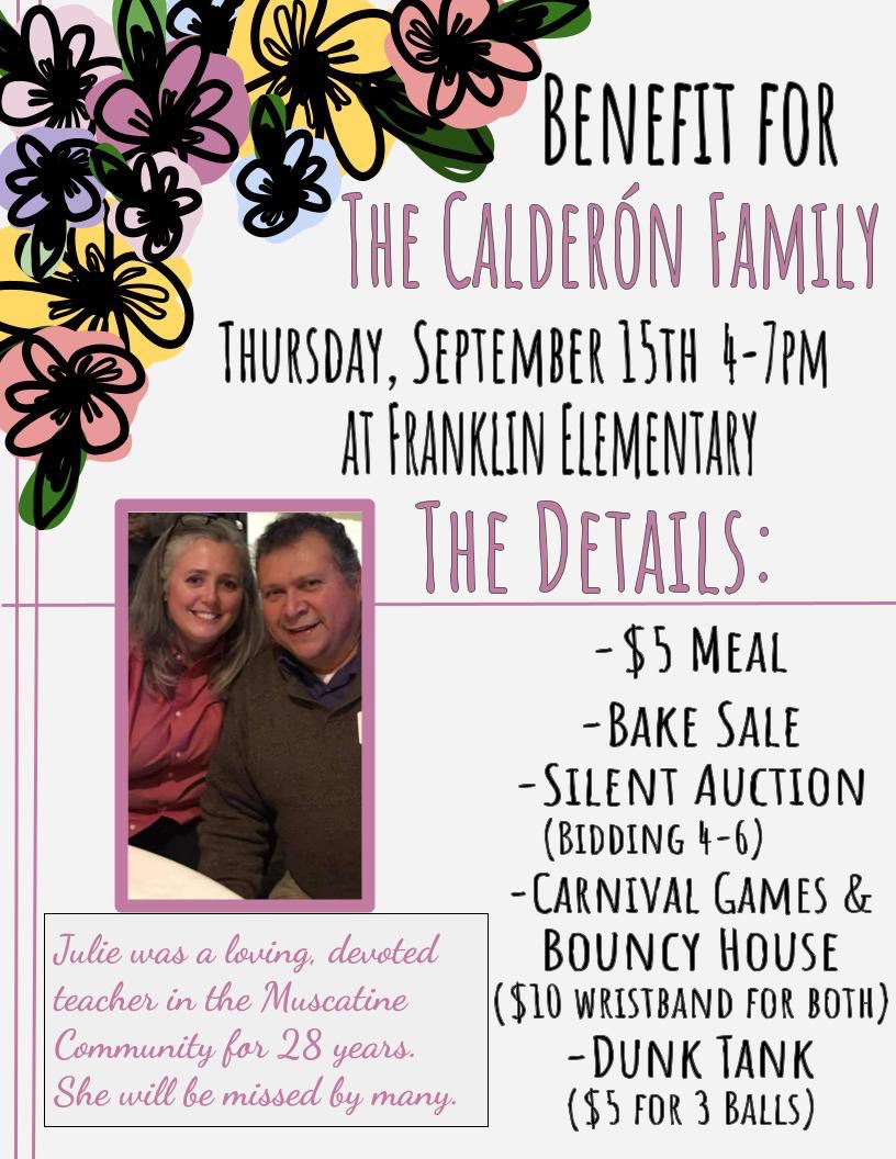 MuscatineCSD's tweet photo. This benefit was in the works before Julie’s passing. She worked for 28 years as a teacher in our district, impacting the lives of her students. Please join us next week at Franklin Elementary to support the Calderon family. 

#Muscatine https://t.co/JNDhYgeOlR