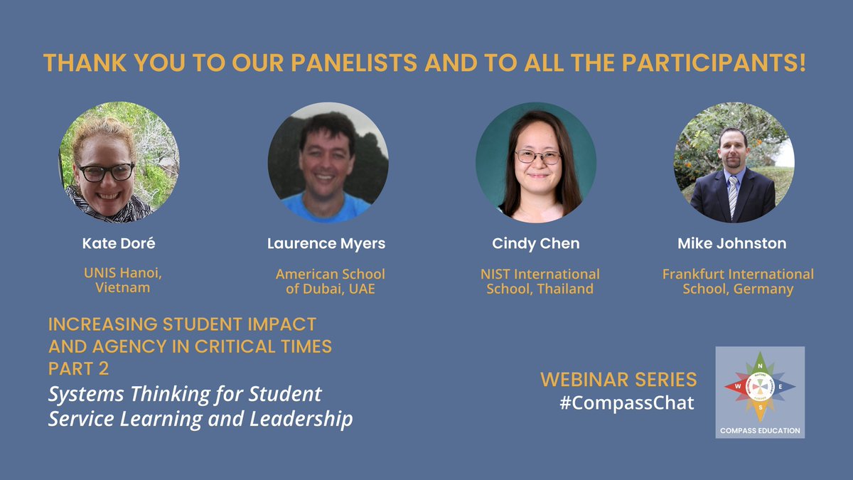 Compass_Ed's tweet image. We had a great session last Sunday!
BIG thank you to our speakers for your insights on systems thinking for service learning &amp;amp; everyone who attended the webinar
Stay tuned for the next part of our webinar series!
Kate Doré
@laurence_myers
@CindyHYChen
@johnstonmike34
#CompassChat