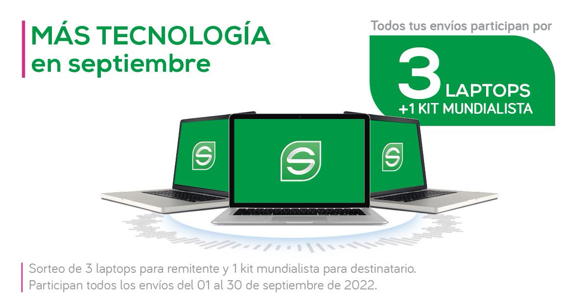 ServientregaE's tweet photo. Llegamos este mes tecnológicamente
regalón. 🎉

Una de estas 3 laptops 💻 puede ser
tuya, además continuamos regalando 1 kit mundialista para los remitentes.

💥 Promo válida para clientes contado del 1 al 30 de septiembre.

Premiamos tu fidelidad. 💚 https://t.co/36I1BZFlKb