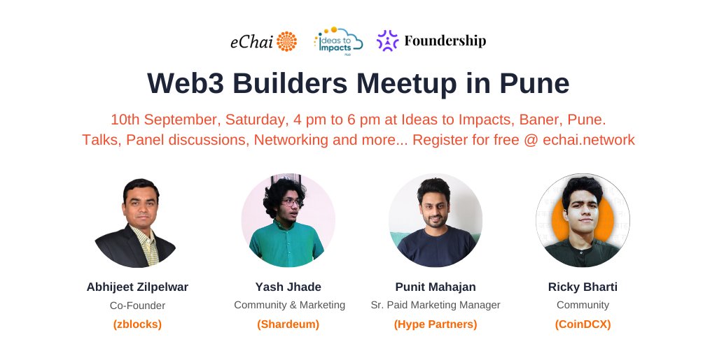 malavwarke's tweet image. Web3 Builders Meetup in Pune on 10th September, Saturday, from 4 pm to 6 pm.

Register for free - townscript.com/e/web3-builder…

Talks, Panel Discussions, Startup Showcase, Networking and more... see you guys there🔥🚀

@eChaiVentures @Hub_I2I @FoundershipHQ