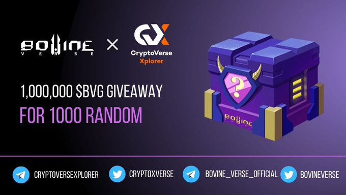 Franco4James's tweet photo. @CryptoXVerse x @BovineVerse 
💰Reward 1,000,000 $BVG For Random 1000 People. 
⌛Airdrop Will End: 25th September 
⌛Distribution:  1st October Join Airdrop. https://t.co/Jlq5xCGgpv #Airdrop #Giveaway #BovinVerse #cryptocurrency #BSC #Binance https://t.co/nVN43JYuUy