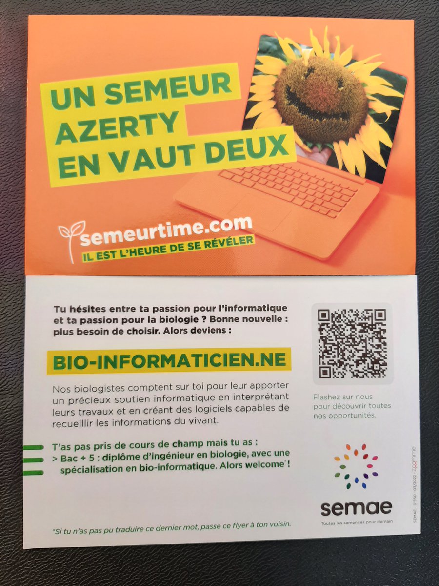 Tu rêves de devenir #informaticien, la recherche végétale ou encore la production de #semences recrute. Donc plutôt qu'informaticien deviens bio-informaticien.
#semeurtime
<a href="/semaeEst/">Semae Est</a> 
#ceuxquifontlessemences