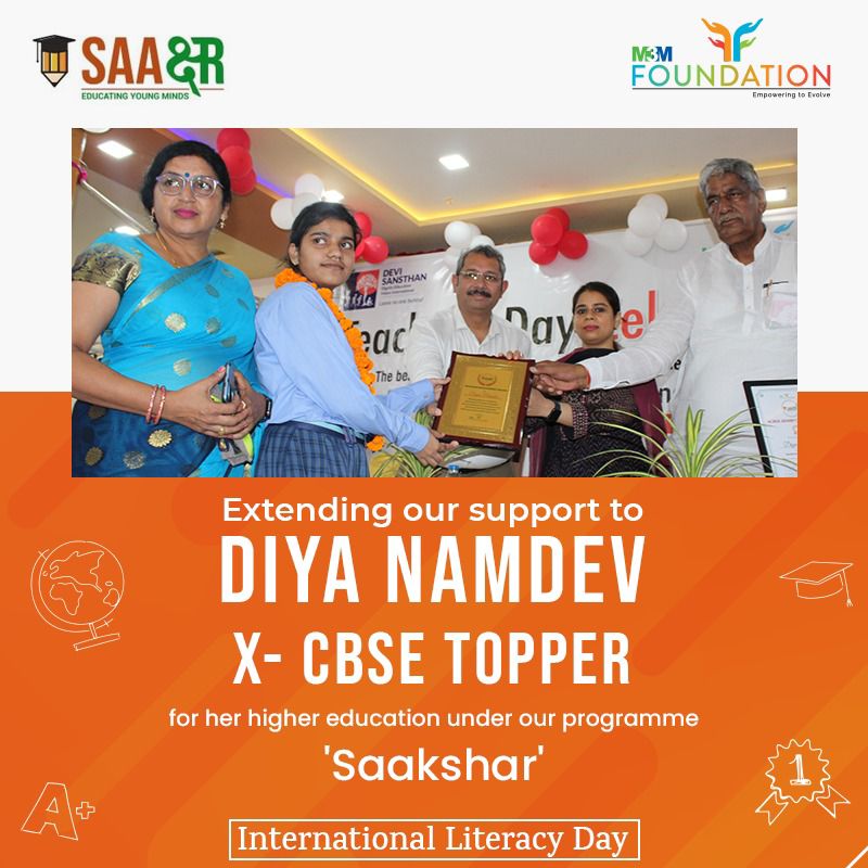 M3MFoundation's tweet photo. This #InternationalLiteracyDay, we're happy to announce our association with Diya Namdev, CBSE Class X Topper, by supporting her for higher education under our programme ‘Saakshar’.

#M3MFoundation #Saakshar #FLN #flagshipprogramme #education #shamli https://t.co/2rJLjOSPNA