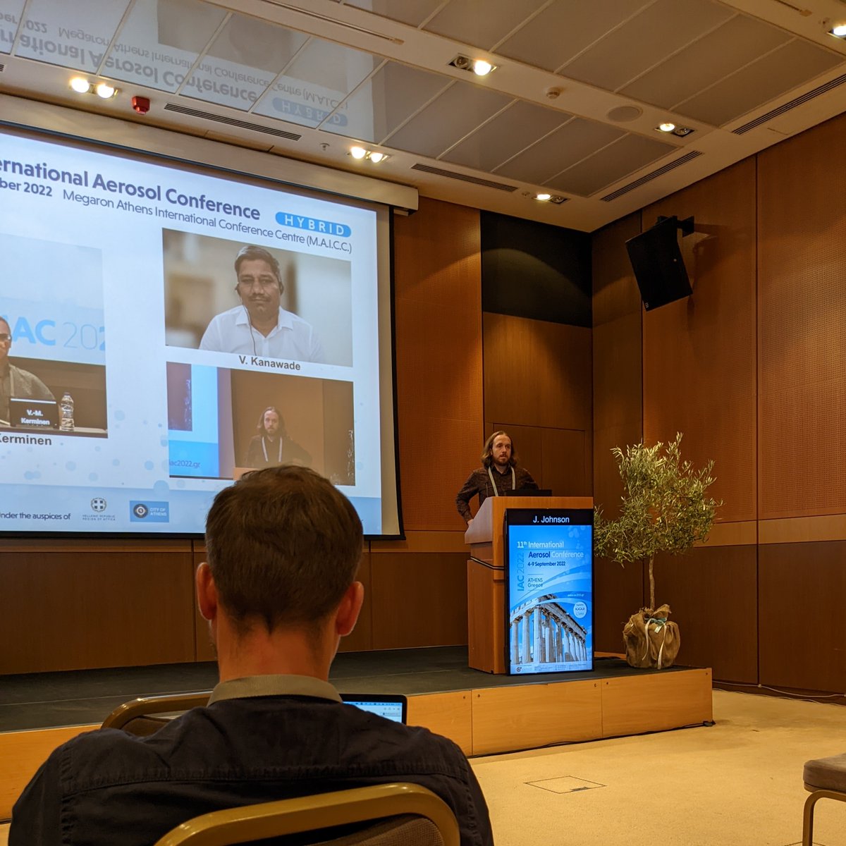 Jack Johnson, 5th year PhD student, presented at the International Aerosol Conference in Greece. He presented his recent research on methanesulfonic acid’s role in sulfuric acid-base nucleation.