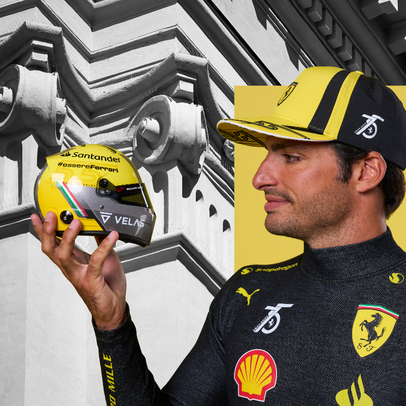 ScuderiaFerrari's tweet photo. Secure your own little piece of Monza history 🇮🇹

Buy mini-replica helmets, featuring the special designs worn by @Charles_Leclerc &amp; @CarlosSainz55 at this weekend’s #ItalianGP.

#essereFerrari 🟡