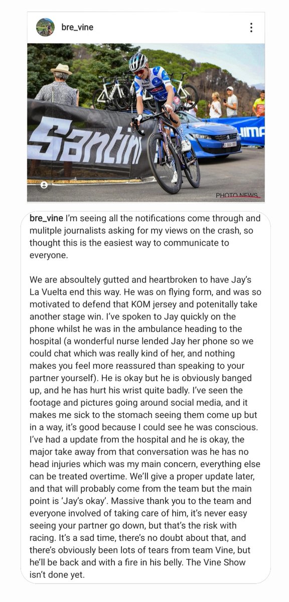 Bre_Vine1's tweet photo. Jay's okay. Itβs a sad time, thereβs no doubt about that, and thereβs obviously been lots of tears from team Vine, but heβll be back and with a fire in his belly. The Vine Show isnβt done yet. Thanks for everyones well wishes ans support #teamvine #getwreckedkay #LaVuelta22 https://t.co/UIcUPKPF5E